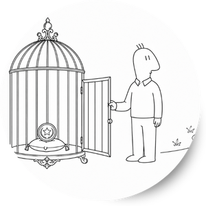 Jaula dorada con puerta abierta y un despacho en su interior, símbolo de un ascenso profesional que limita la libertad personal