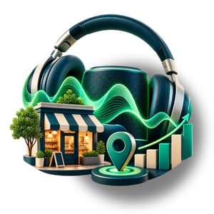 Auriculares y ondas de sonido junto a un negocio local: publicidad en Spotify y audio digital